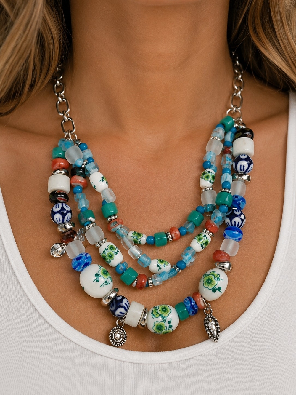 NWT Multi-Strand Blue & Green Glass Beaded Statement Necklace Boho